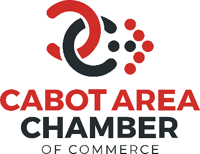 Logo for the Cabot Area Chamber of Commerce, featuring abstract red and dark gray interconnected shapes above the organizations name written in red and gray uppercase letters.