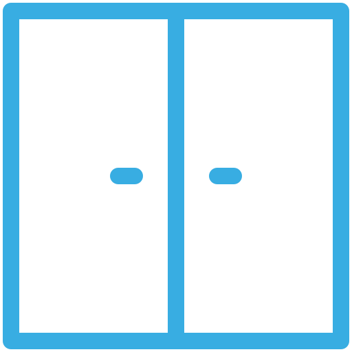 A simple blue and white icon of a closed double-door cabinet with two handles, viewed from the front.